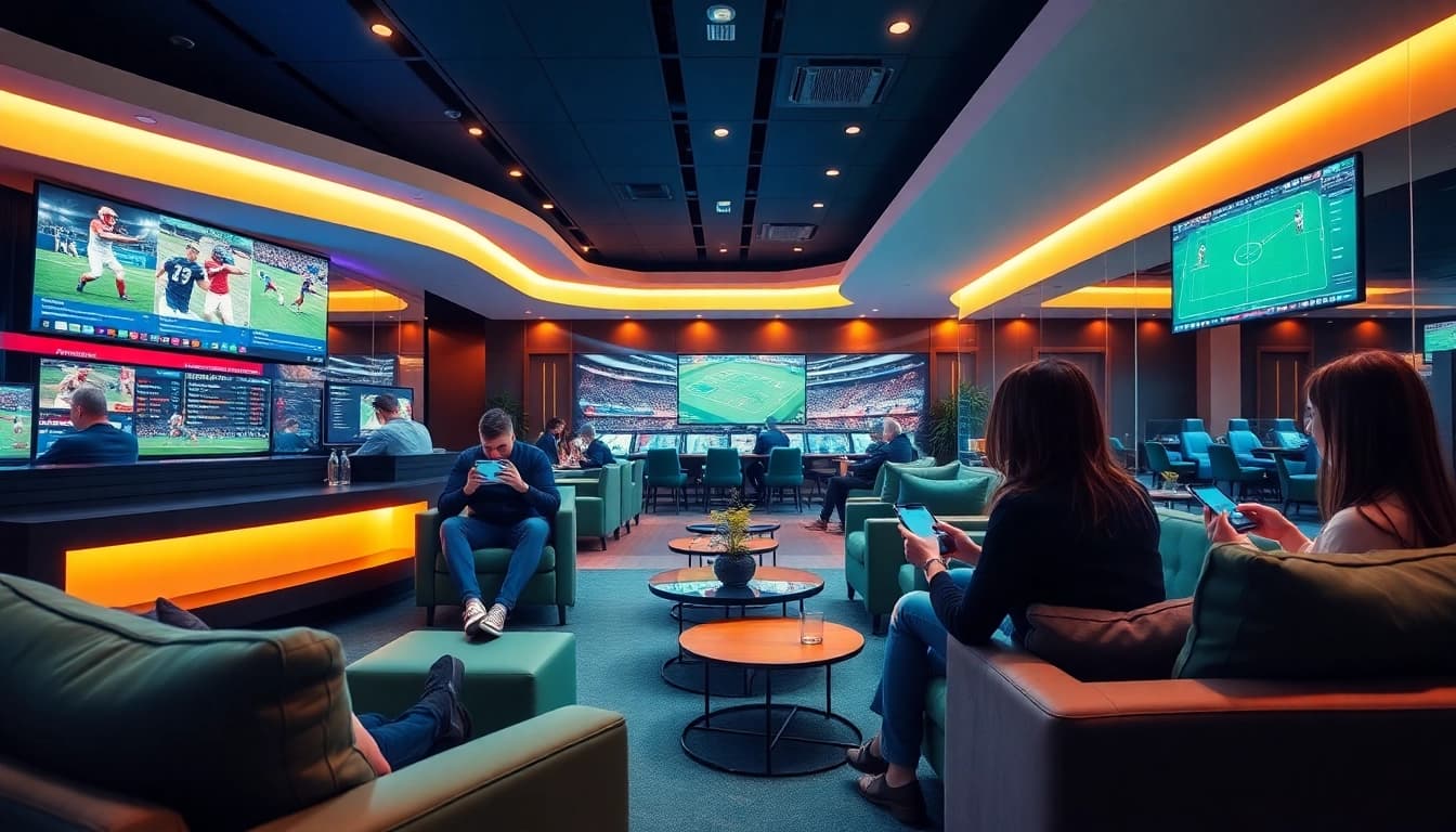 Engaging betting environment with users enjoying 슈어맨's digital platforms in a vibrant, modern setting.