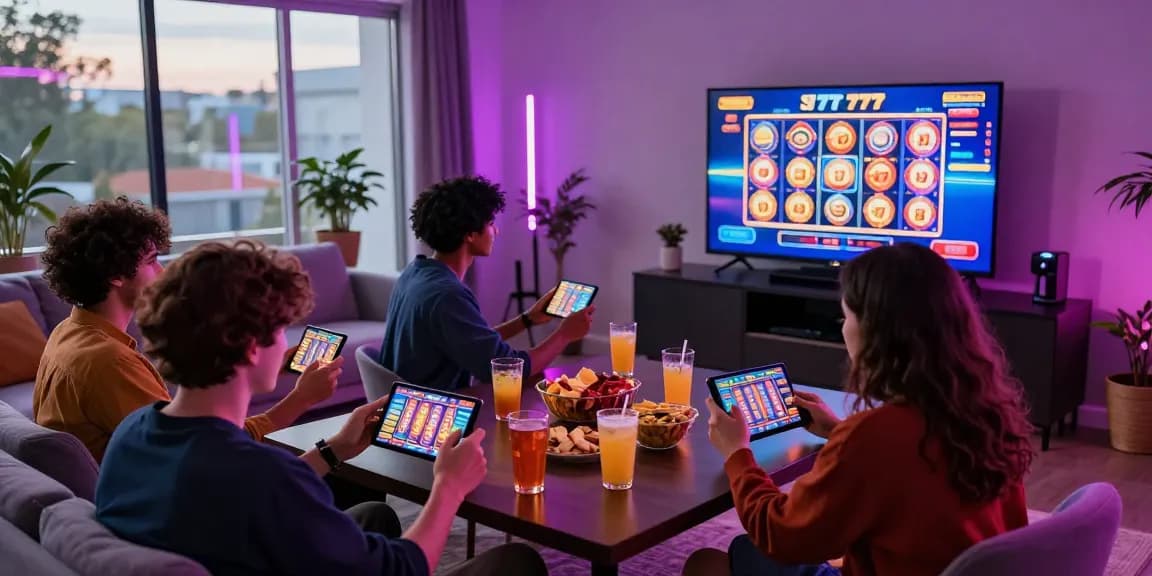 Exciting group gaming night with slot777 machines displayed on screens, showcasing vibrant mobile interfaces and a lively atmosphere.