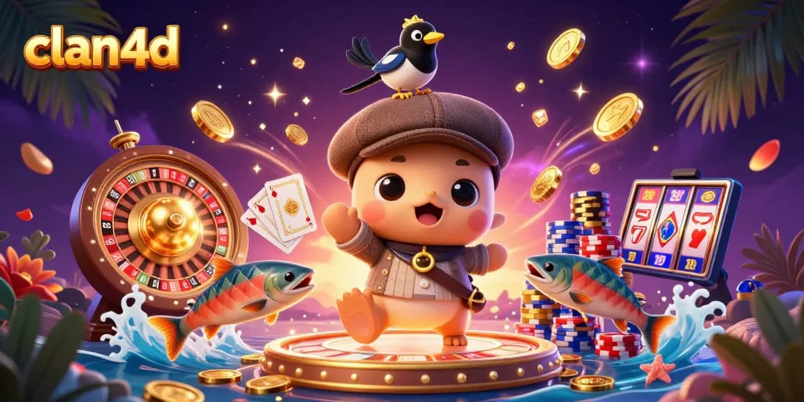 Play cute 3D cartoon baby Nessie, a magpie, and fish with clan4d in a vibrant casino illustration.