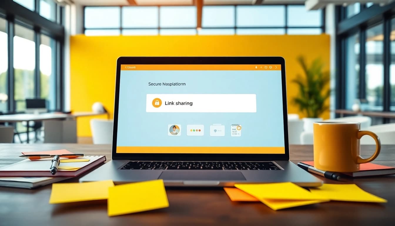 Users engaging with the secure link sharing platform on a modern laptop in a collaborative workspace.