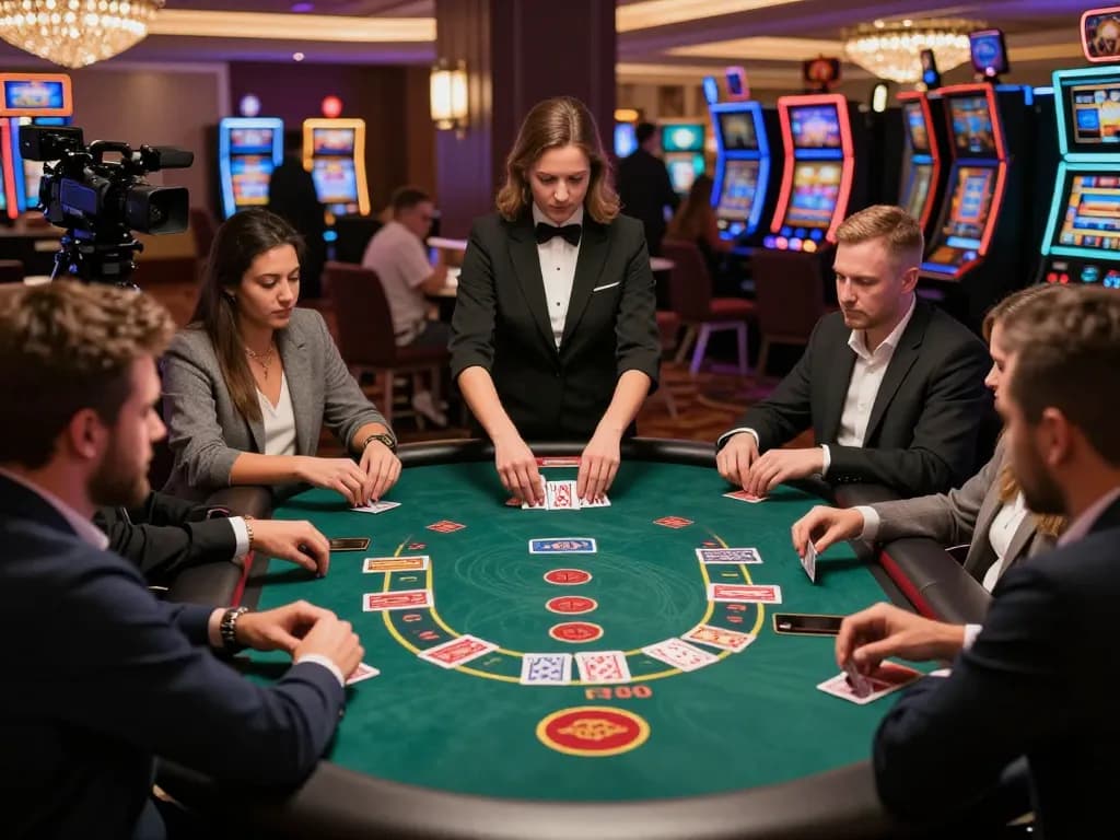 Engaged players at a blackjack table in an upscale casino setting, focusing on strategic decisions at 8kbetbh.