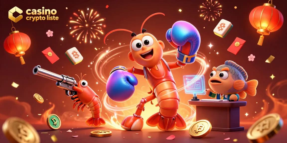 Illustration dynamique sur les crypto casinos avec la liste de casino crypto, mettant en scène des crevettes et des éléments de jeu.