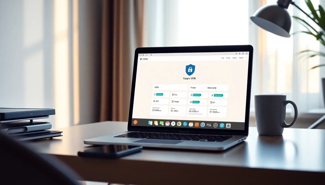 在现代工作空间的笔记本电脑上显示的快连 VPN 界面。