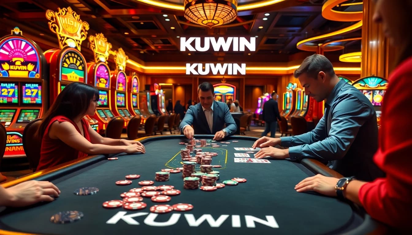 Experience the thrill of KUWIN with players engaged at a vibrant casino table, surrounded by excitement.