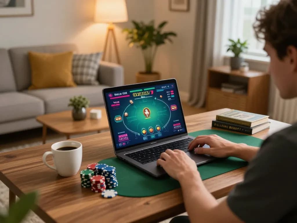 Engaging with RIKVIP through a laptop, showcasing online poker in a cozy home environment