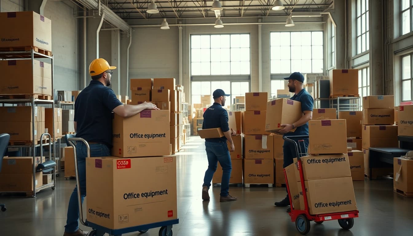 Chicago commercial moving company team efficiently packing and transporting office equipment.