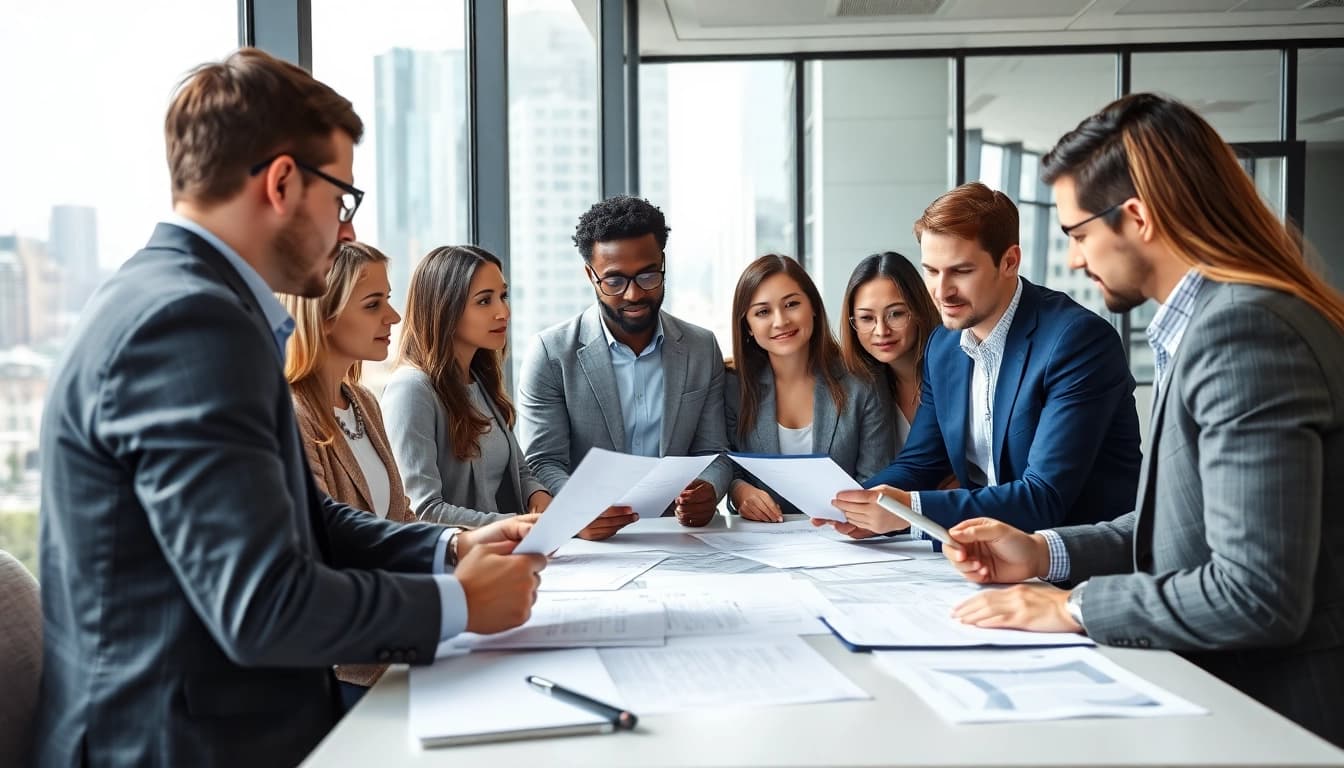 Evaluate contracts and grants with diverse professionals in a modern office setting.