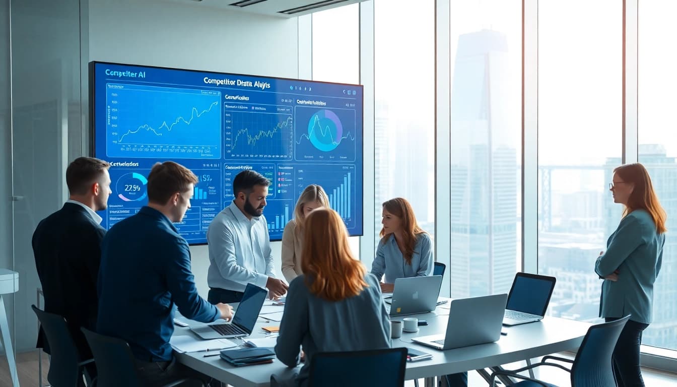 Dynamic AI for competitor analysis scene illustrating a team analyzing data in a modern office setting.