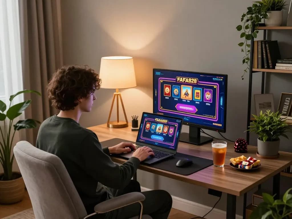 Player enjoying FAFA828 online slots from a cozy home office setup, highlighting strategic gambling experience.