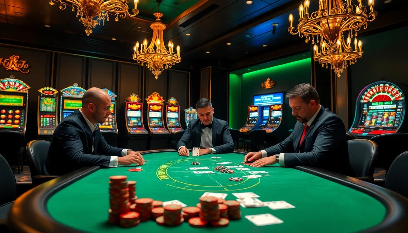 Experienced players betting at a luxurious poker table in a high-stakes KJ C casino ambiance.