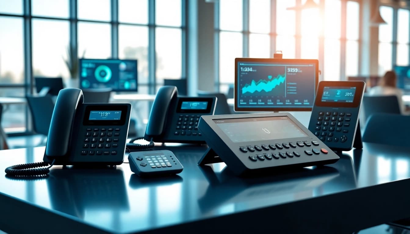 Engaged professionals discussing features of business phone providers in a modern office.
