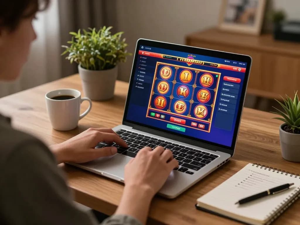 Online casinos Canada scene showing a player enjoying slots on a laptop in a cozy home environment.