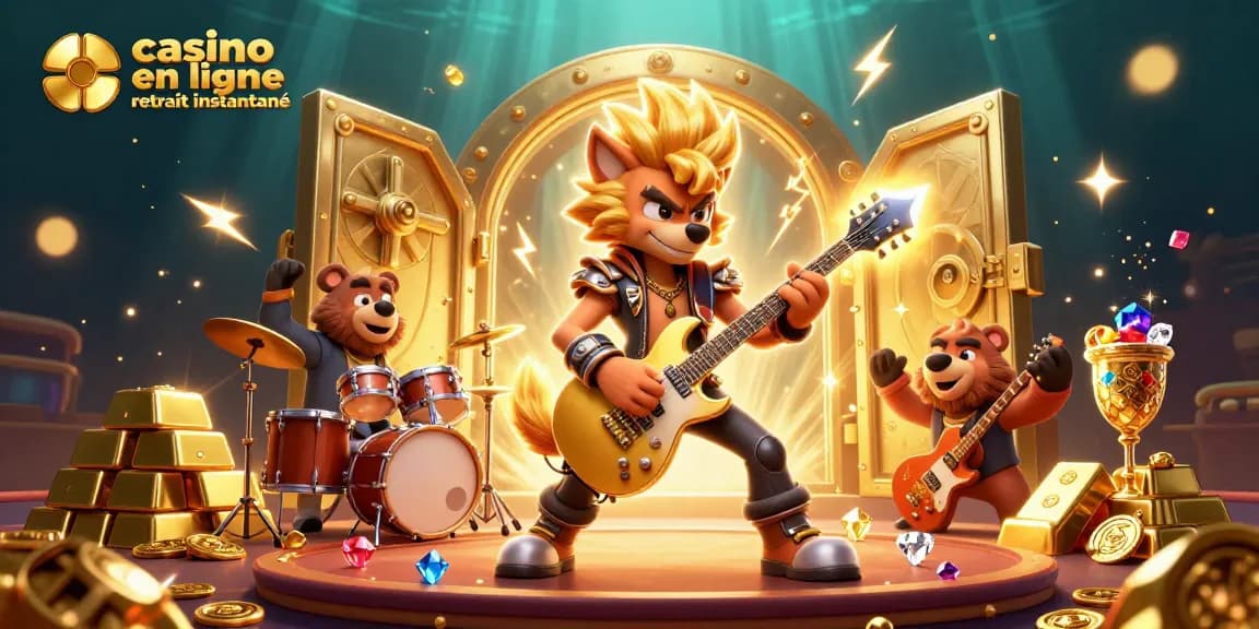 Illustration dynamique d'un casino en ligne avec un wolf rock star et un ours batteur, en retrait instantané.