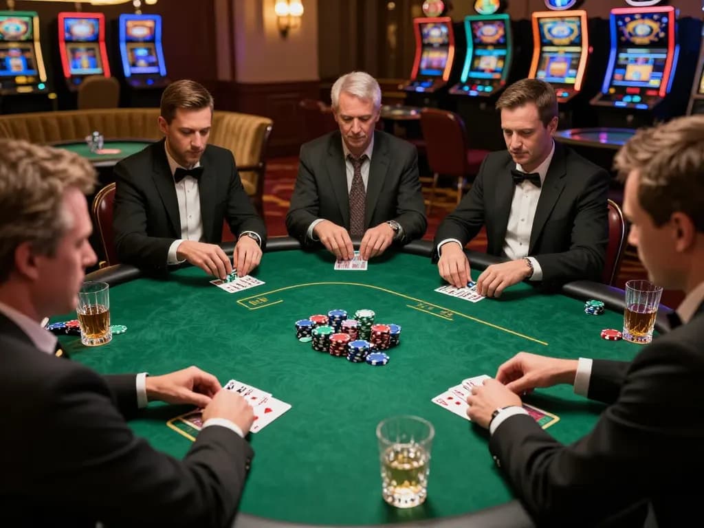 Engaging poker players at a casino table using top quality widgets during a strategic game.