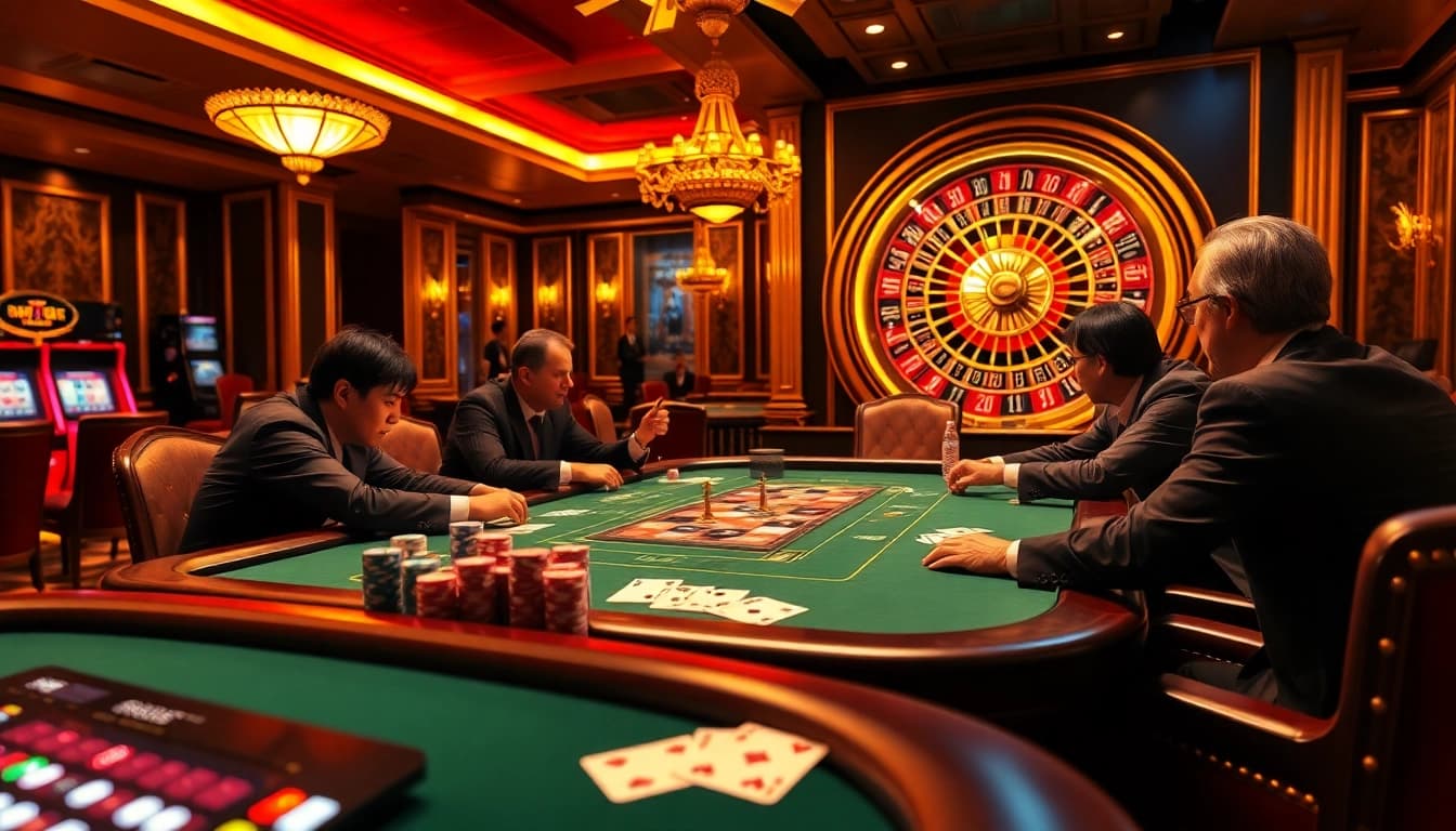 Sebuah permainan poker dinamis dengan elemen idn play yang menampilkan pemain menunjukkan semangat dan keterlibatan di meja kasino yang mewah.