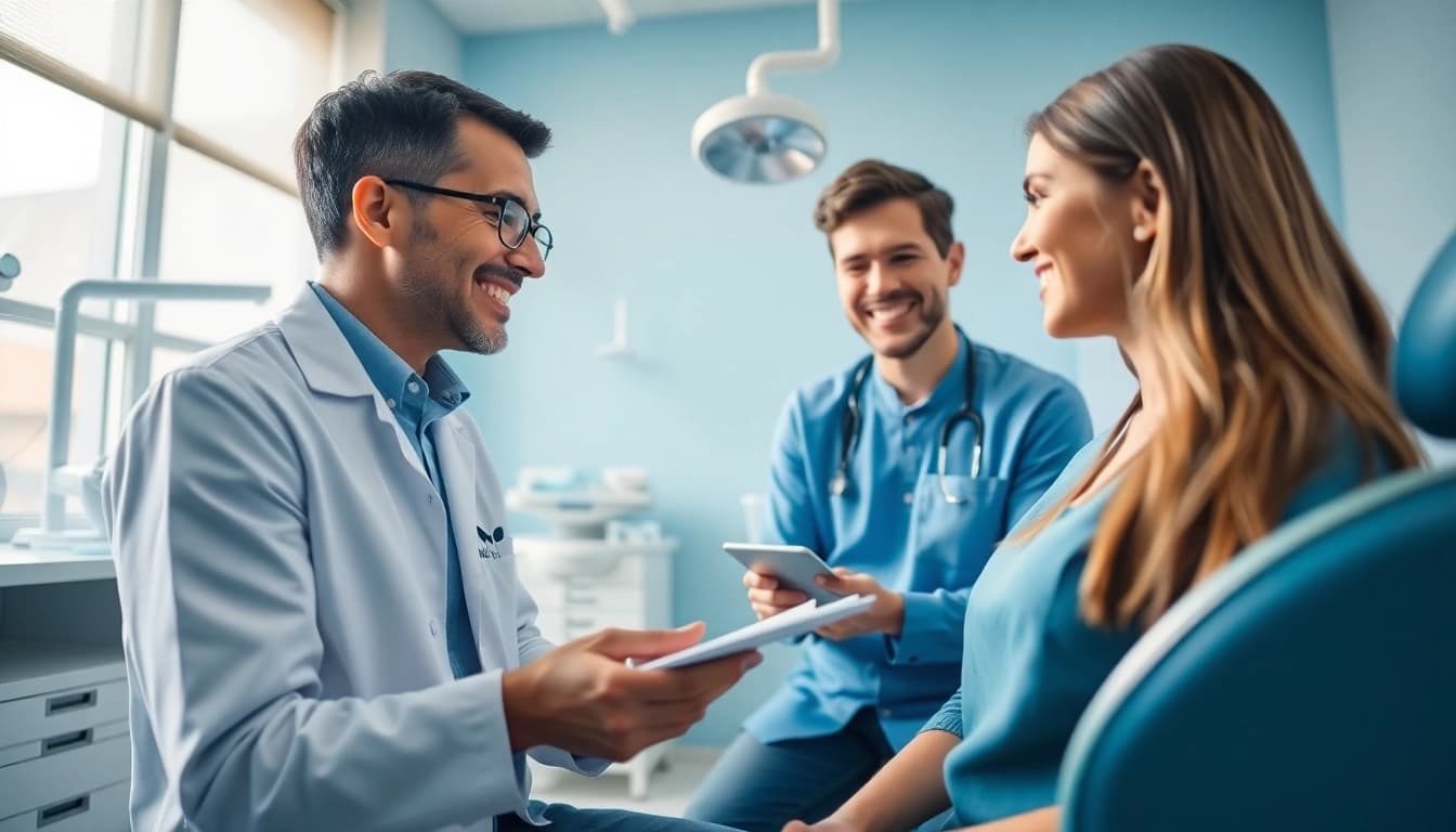 Smart orthodontist discussing スマイルモア矯正 口コミ in a modern clinic setting.