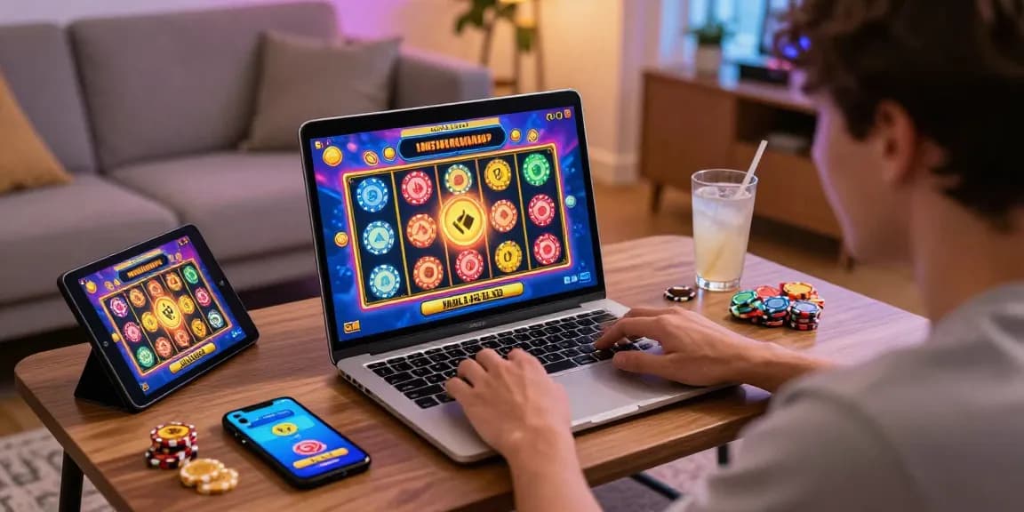 Exciting moment of a player enjoying slot gacor on a laptop at home, surrounded by gaming elements and vibrant visuals.