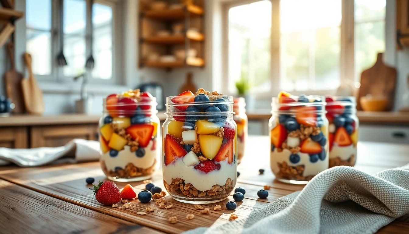 Enjoy vibrant mason jar breakfast bowls filled with fruits and granola, promoting https://masonjarbreakfast.com.