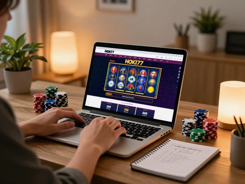 Pemain berinteraksi dengan permainan slot online HOKI77 dari rumah, menunjukkan strategi permainan.