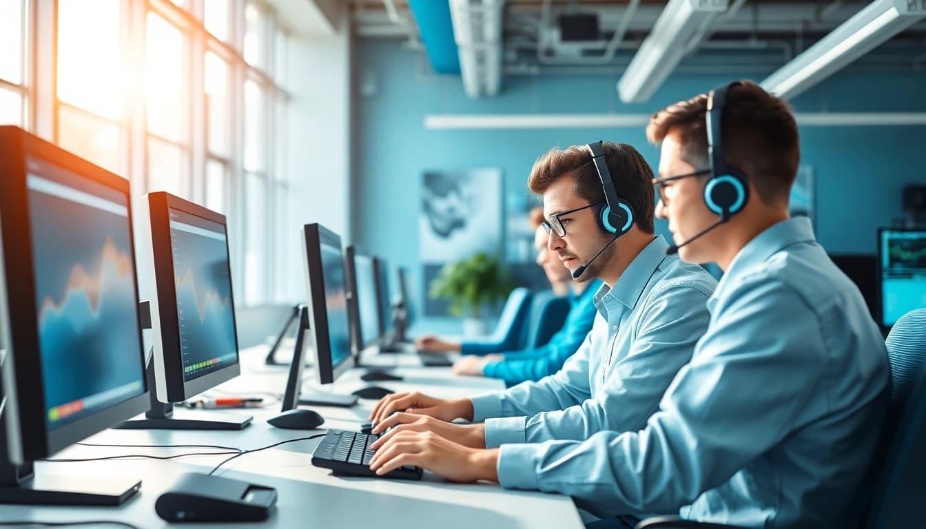 Technicians providing IT Support for Businesses in a modern office setting, promoting collaboration and expertise.