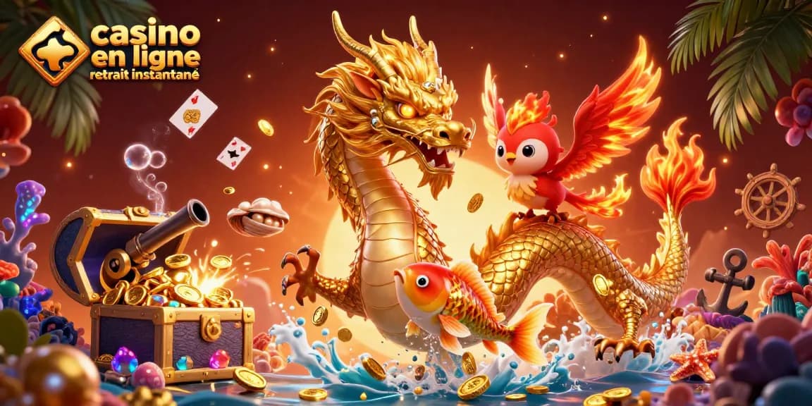 Jouer sur un casino en ligne retrait instantané avec une ambiance de dragon doré, phœnix et pièces d'or.
