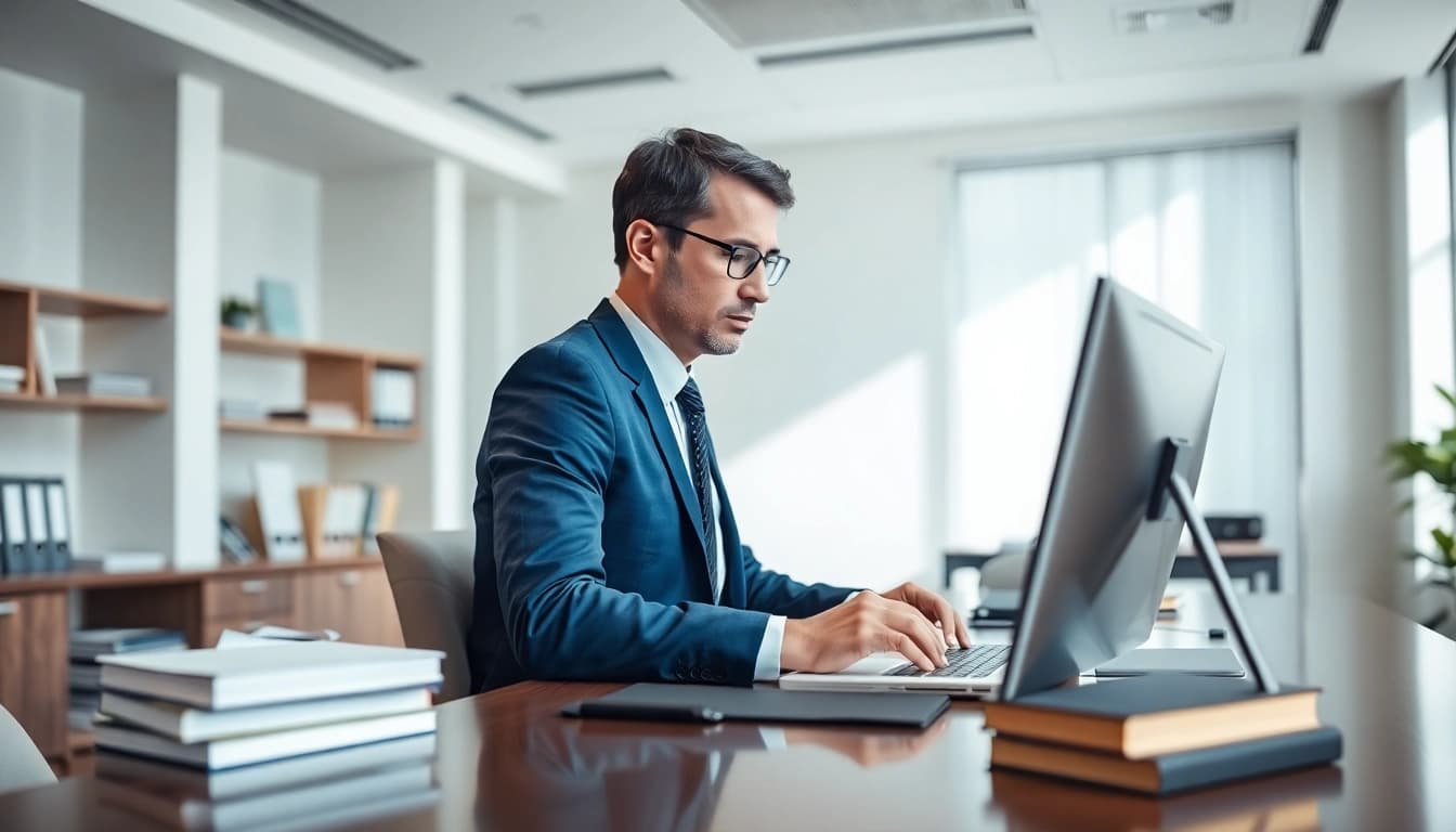 Enhance your law firm with professional design at https://www.websites.law showcasing a lawyer at work.
