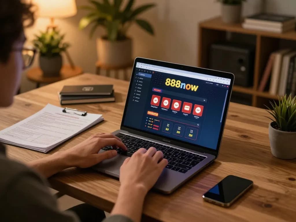 Engaging user at 888now đăng nhập using laptop, showcasing online gambling experience in cozy environment