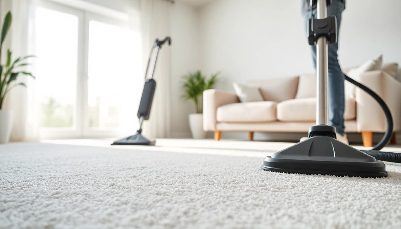 Engaged in carpet cleaning near me, a professional uses advanced equipment in a bright living room setting.