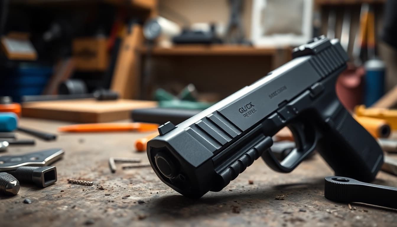 Examine a glock 17 slide showcasing its craftsmanship and precision in a workshop.