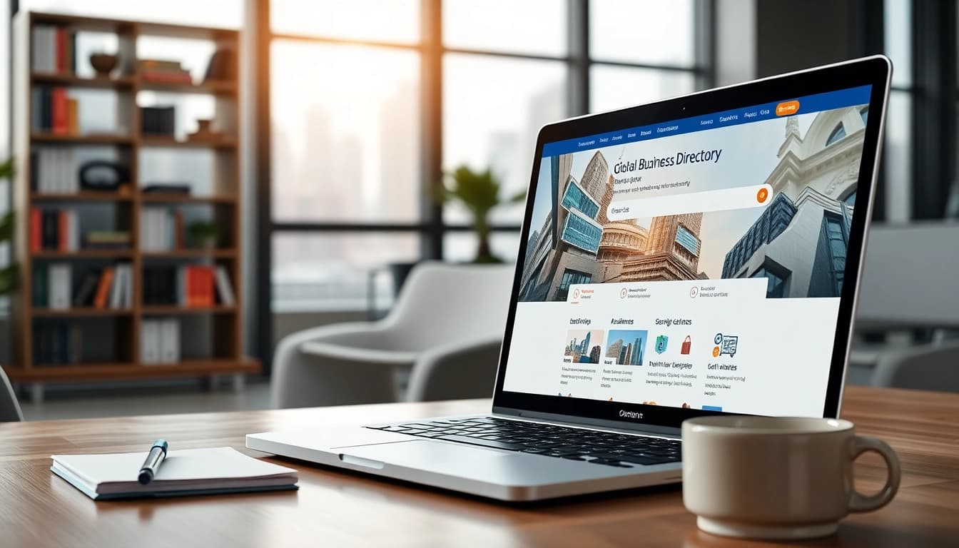 View of a professional global business directory website interface on a laptop screen.