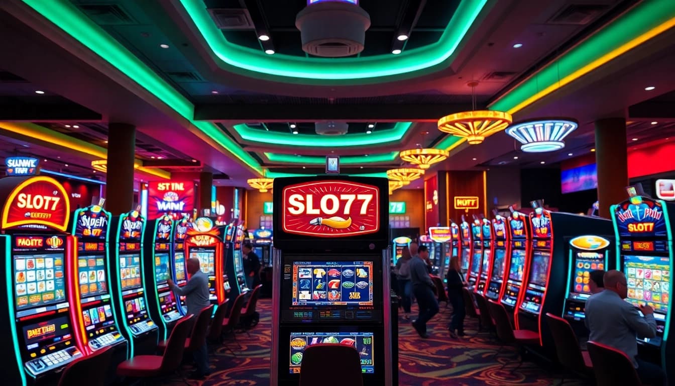 Main features of Slot77 slot machine attracting players in a lively casino atmosphere.