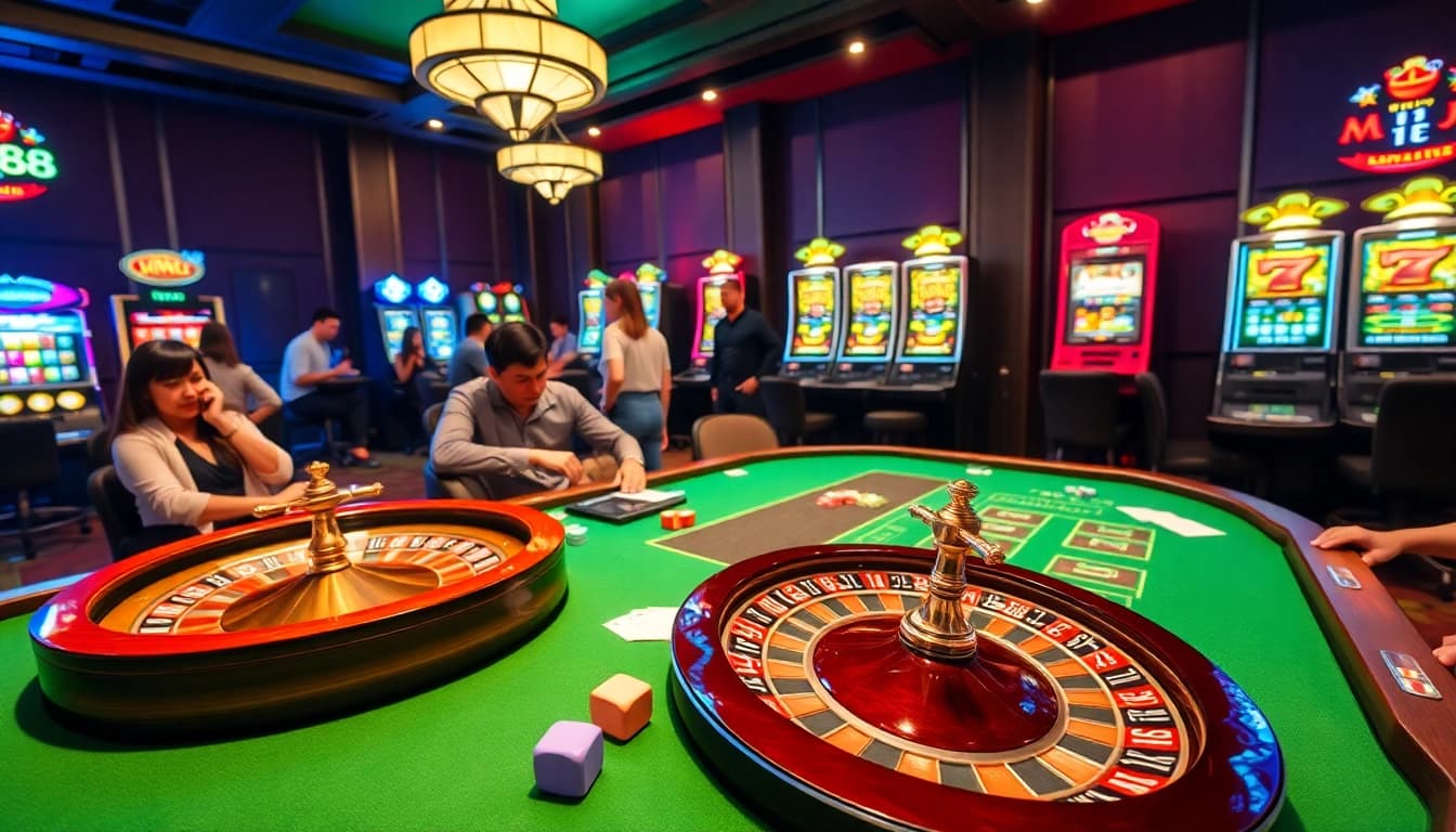 MM88 Tokyo players enjoying an exciting poker game in a luxurious casino setting.