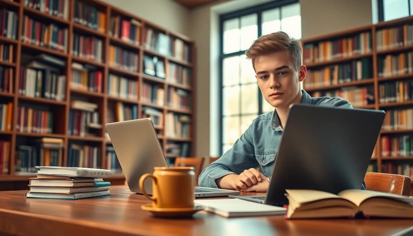 Pay someone to take TOEFL with a student studying in a library setting.