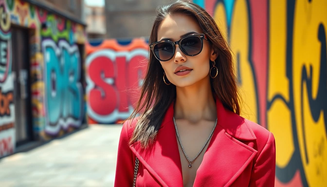 Fashion model showcasing a stylish outfit against vibrant urban street art.
