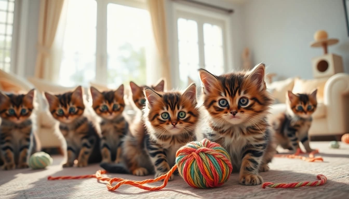 Engaging scene of Maine Coon kittens for sale Bay Area playing in a bright, cozy living room.
