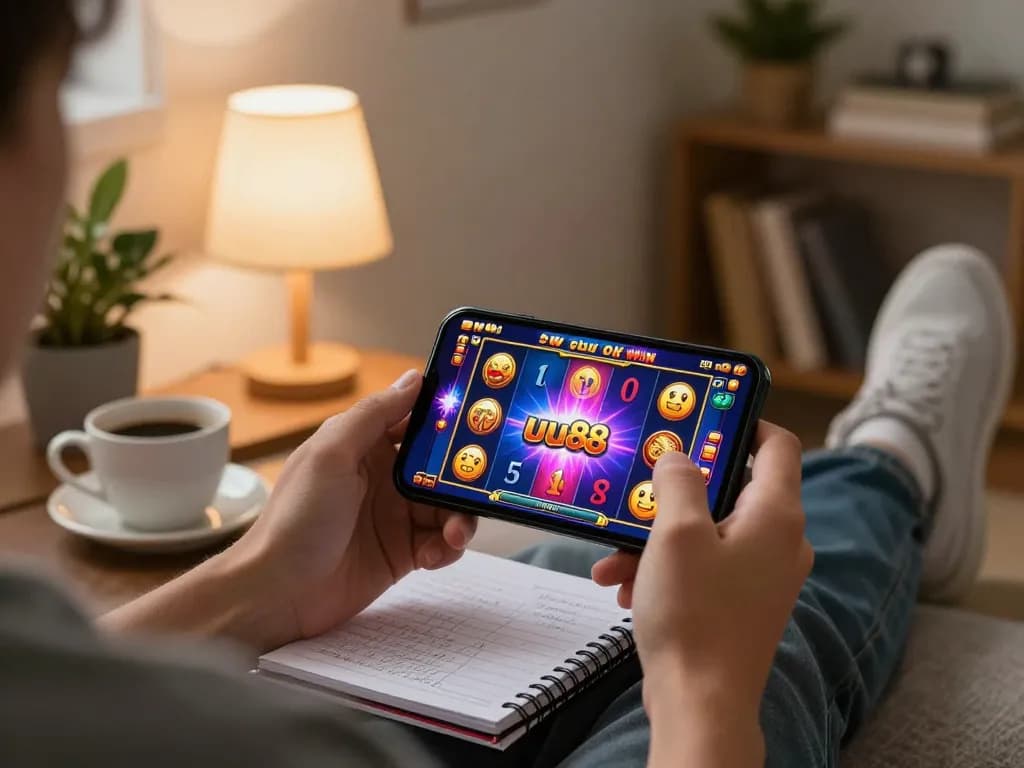 Engaging experience playing uu88 okwin casino app on smartphone from a cozy home setting, exploring strategic gameplay.