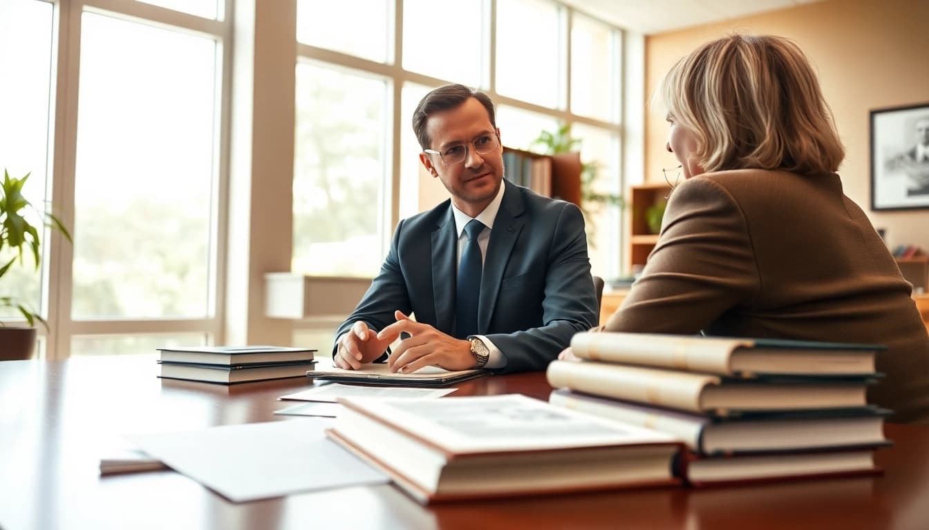 Fort Lauderdale work injury lawyer assisting a client with legal matters in a bright office.
