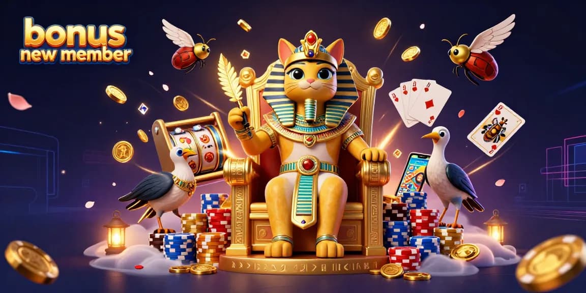 Engage with the bonus new member offer featuring an Egyptian pharaoh cat, gems, and casino elements.