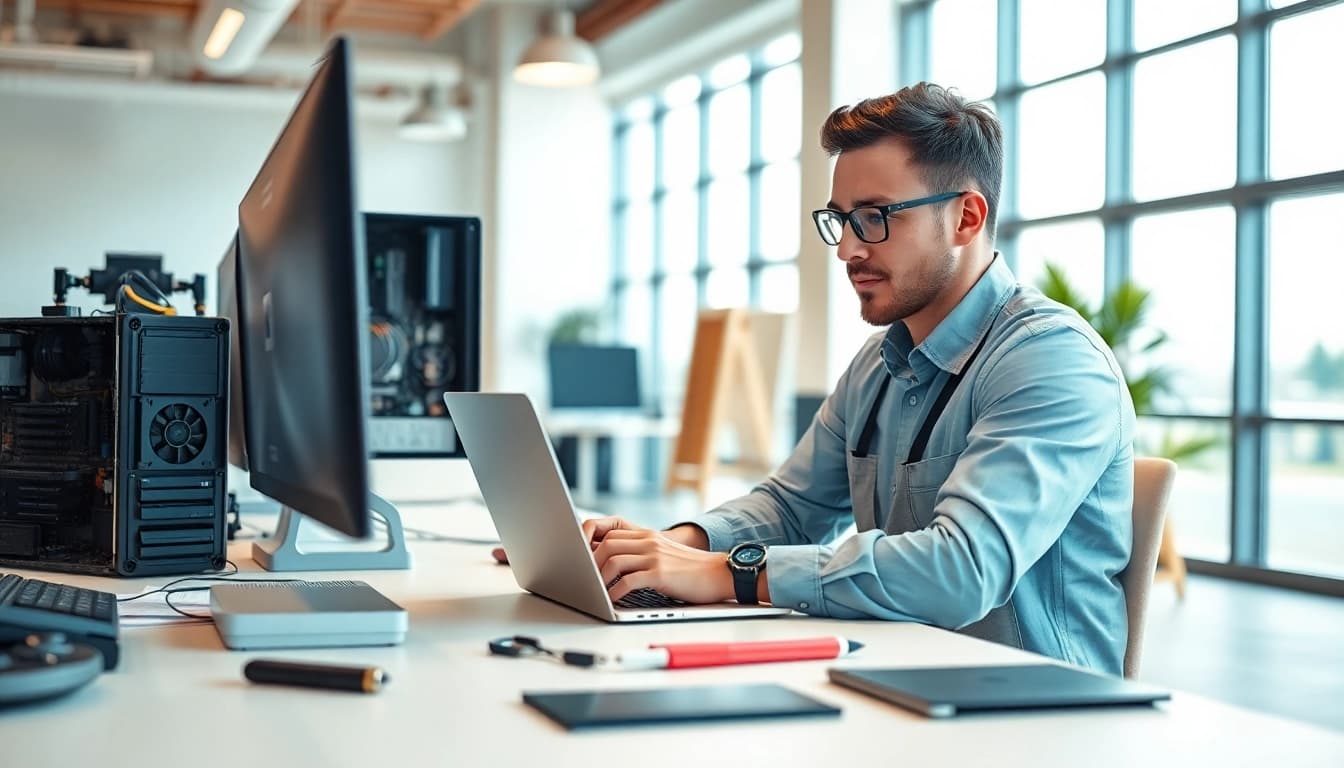 Technician providing computer services in a bright and organized office environment.