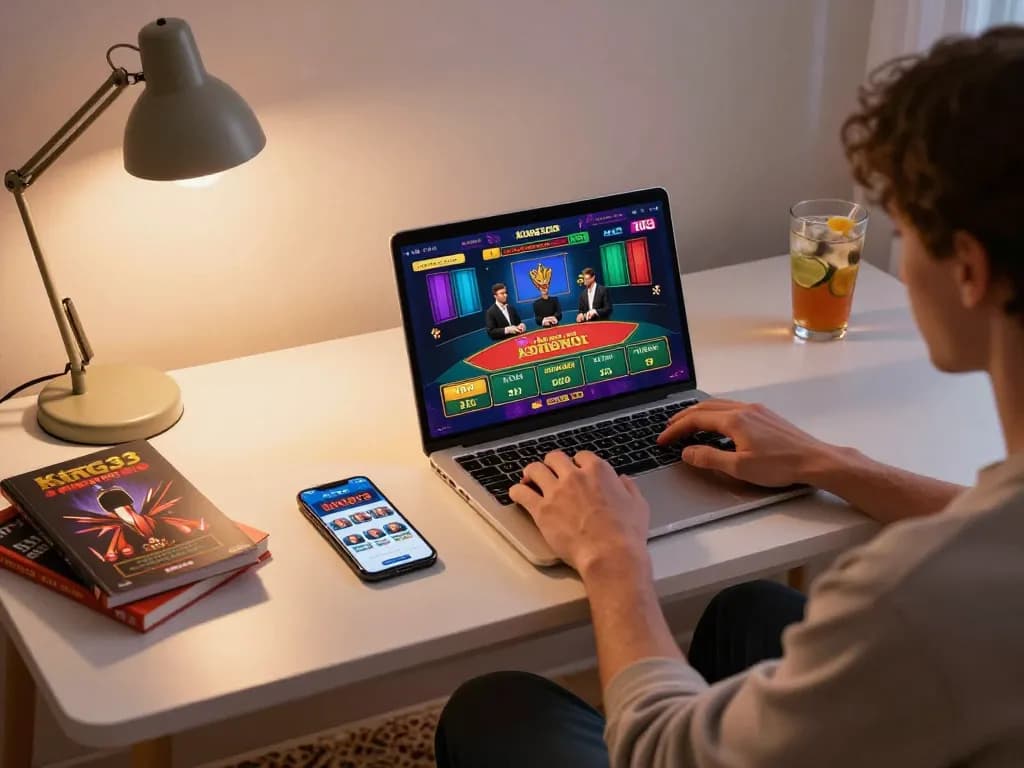 Player enjoying king33 online casino gaming with laptop and smartphone in a cozy setup.