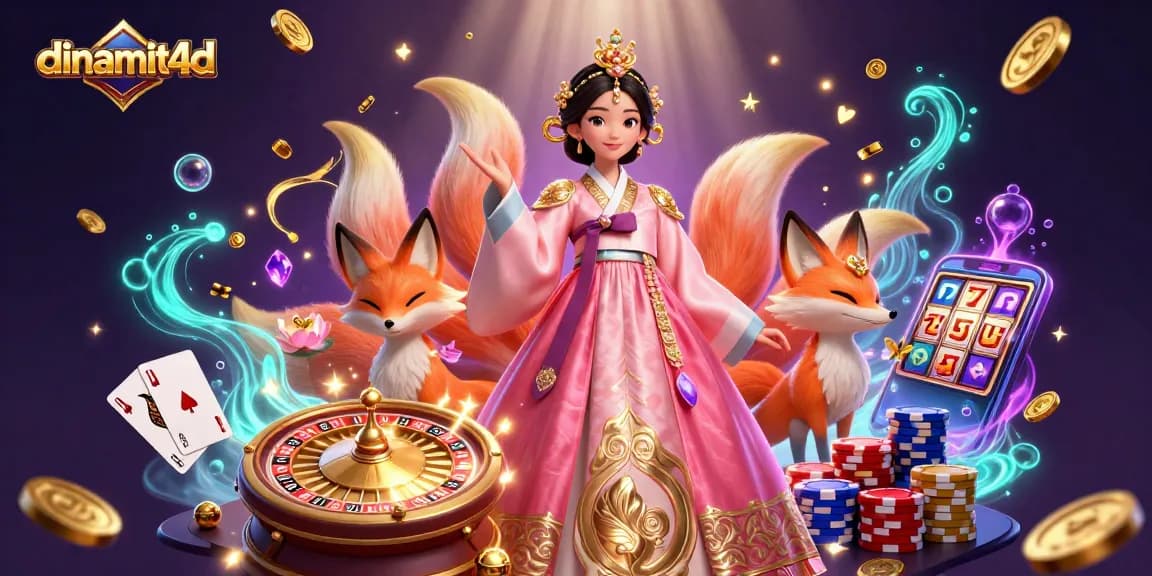 Engage with dinamit4d's vibrant casino scene featuring a lucky fox, games, and cascading coins.