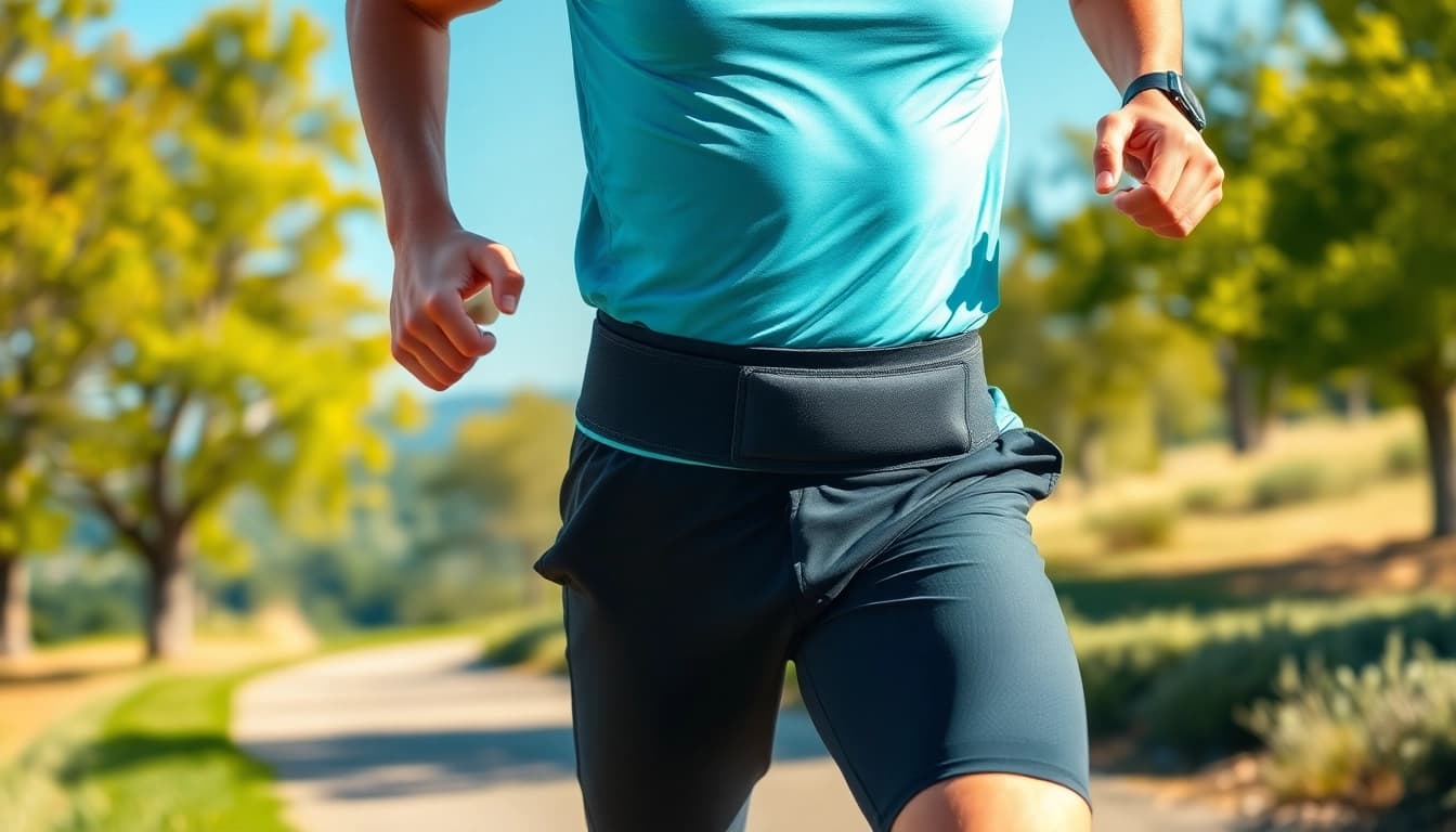 No bounce running belt worn by an agile runner in a scenic outdoor setting.