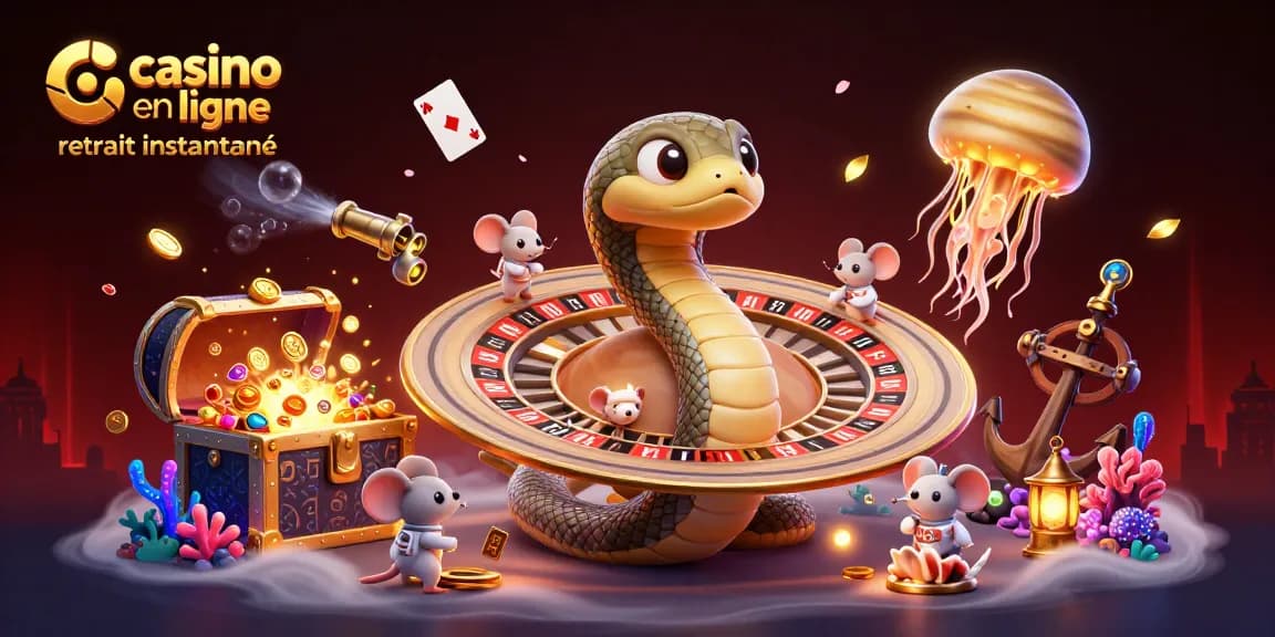 Illustration dynamique de casino en ligne retrait instantané avec un serpent de Saturne et des astronautes.