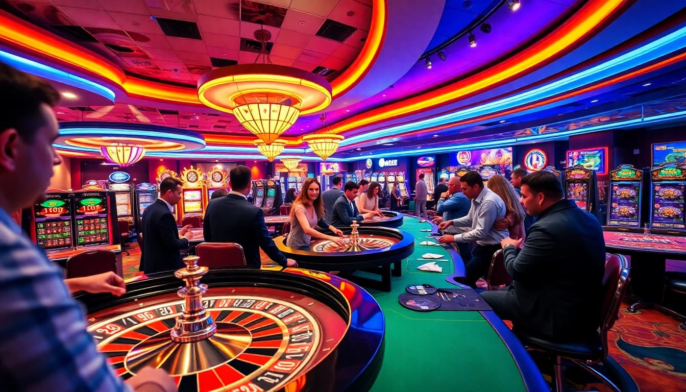 Erleben Sie ein aufregendes casino spielen in einem lebhaften Casino mit farbenfrohen Lichtern und engagierten Spielern.