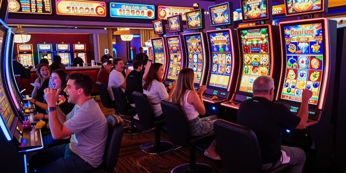 Excited players enjoying a vibrant slot gaming area in a casino.