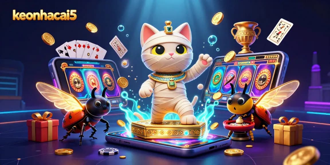 Engage with keonhacai5 as the Egyptian mummy cat and scarab beetle interact with vibrant casino elements.