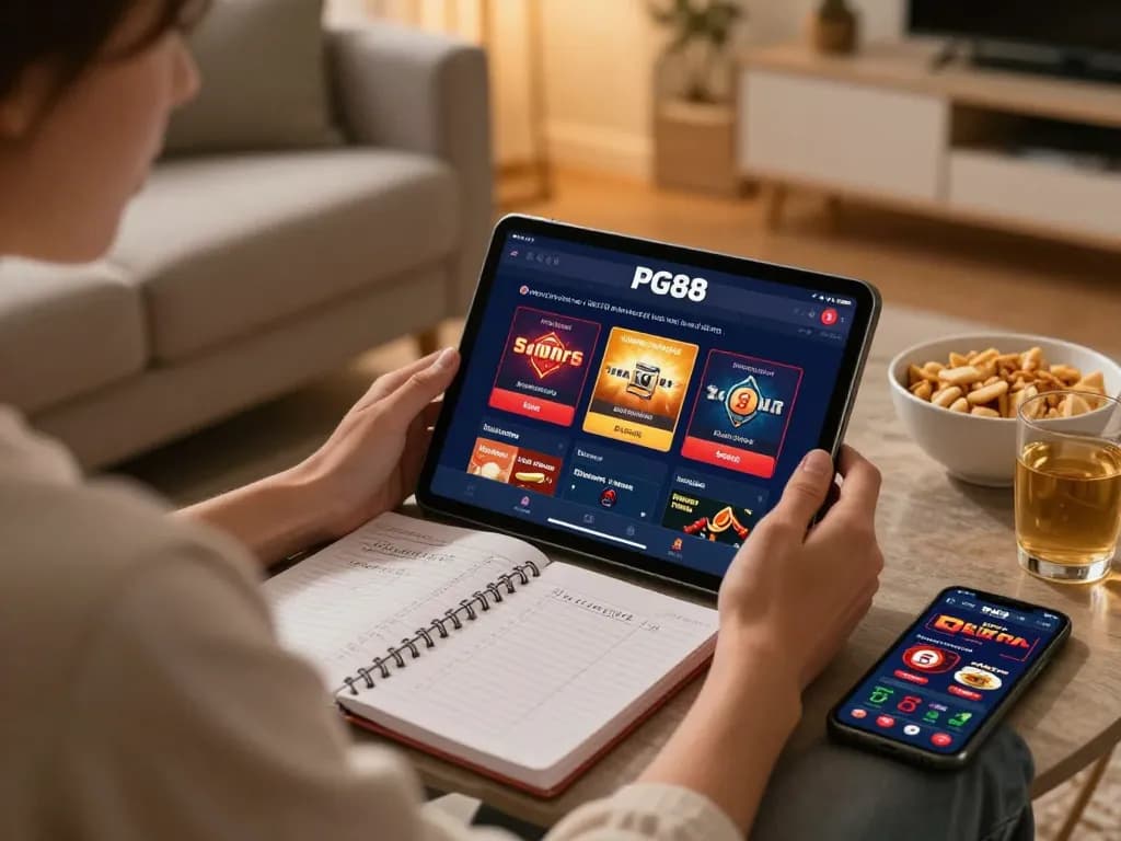 Engaging in online gaming with PG88 app on tablet surrounded by strategic notes and snacks.
