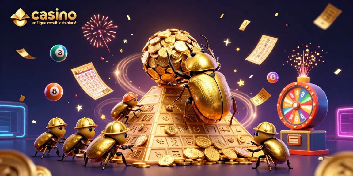 Jouez au casino en ligne retrait instantané avec des gains rapides illustrés par un scarabée d'or et des éléments de loterie.