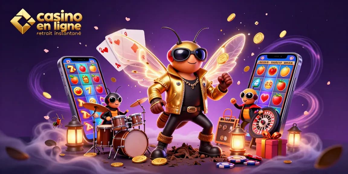 Capturer la magie des jeux avec la scène du casino en ligne retrait instantané, mettant en avant une rock star et des jeux captivants.
