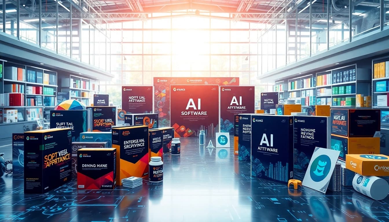 Showcasing a vibrant AI tool marketplace with innovative software icons and devices.